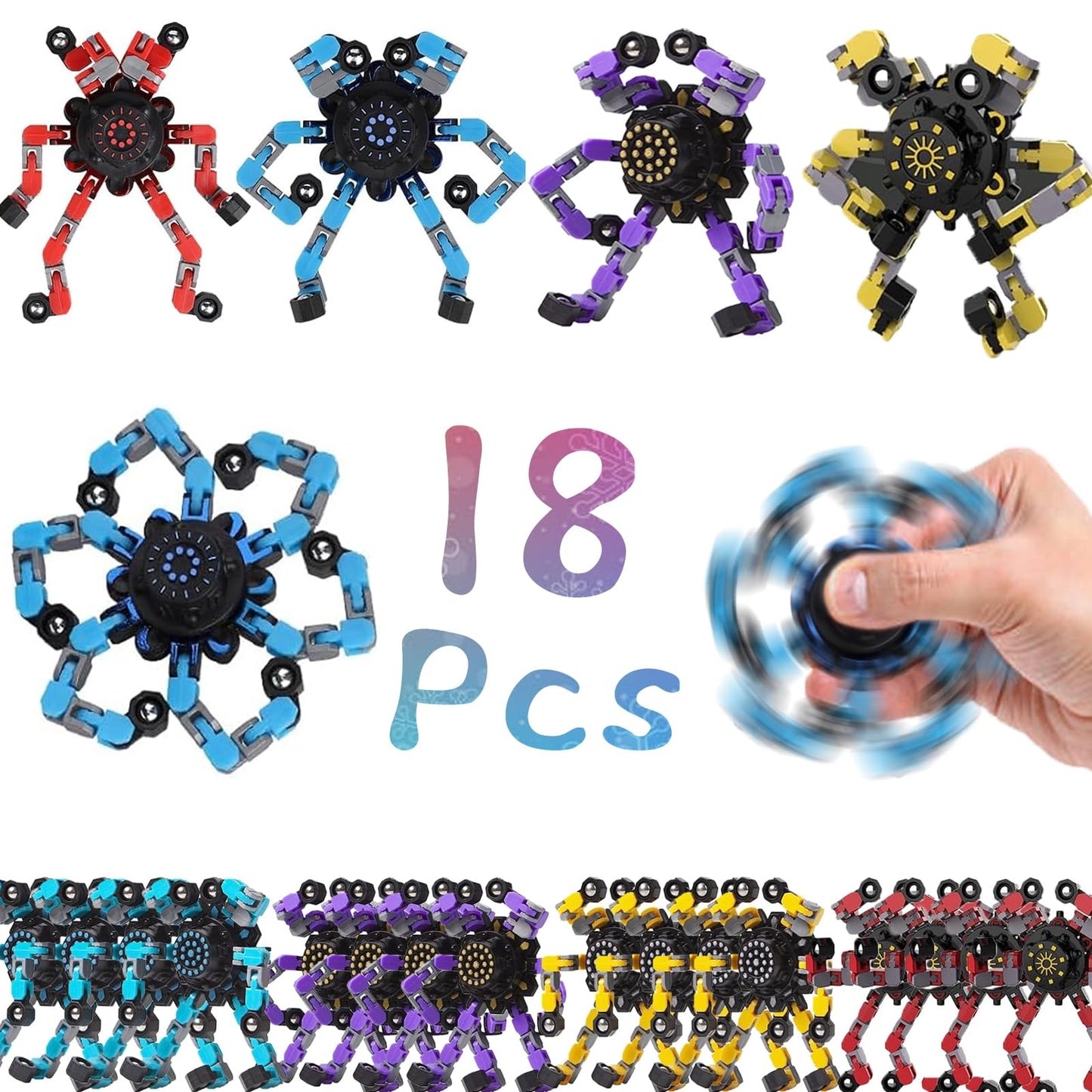 18Pcs Random Fidget Spinners,Diy Deformable Robot Fingertip Toys,Decompression Spinner,Deformable Creative Mechanical Gyro Toys,