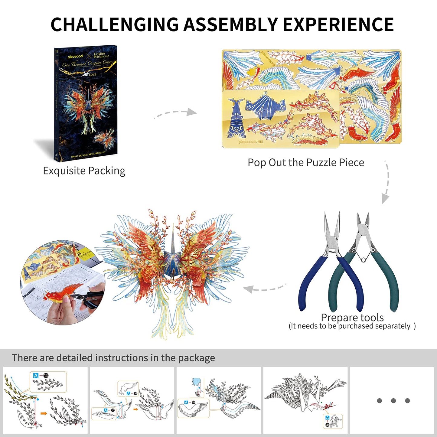 Piececool 3D Metal Puzzles, Wish Cranes-Love Amulet Metal Model Kits, Brain Teaser Diy 3D Metal Cranes Building Kits For Adults, Challenge Puzzles Toys Gifts For Christmas Valentine'S Day, 34 Pcs