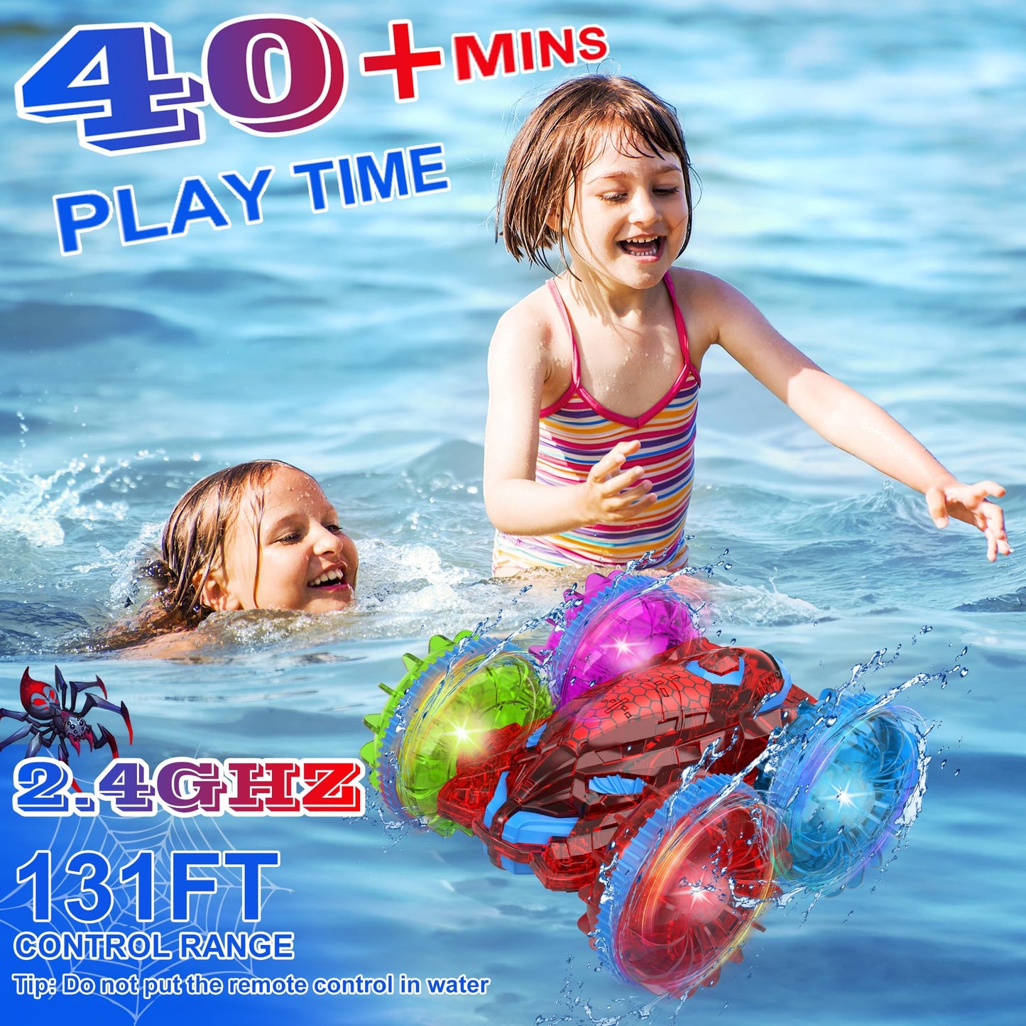 Spider Amphibious Remote Control Car for Kids with LED Lights, RC Boats for Boys Age 6 7 8 9 10 11 12, 2.4GHz 4WD Spide RC Stunt