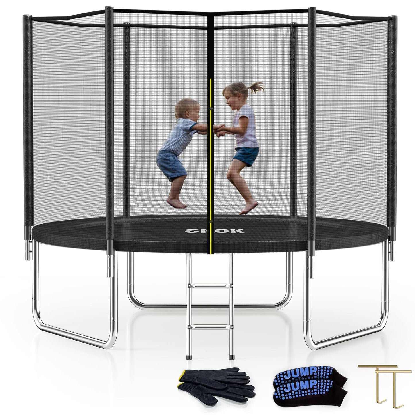 Skok Black Trampolines 10Ft Recreational Trampoline With Enclosure Net, Outdoor Trampoline For Kids And Adults, Astm Approved, W