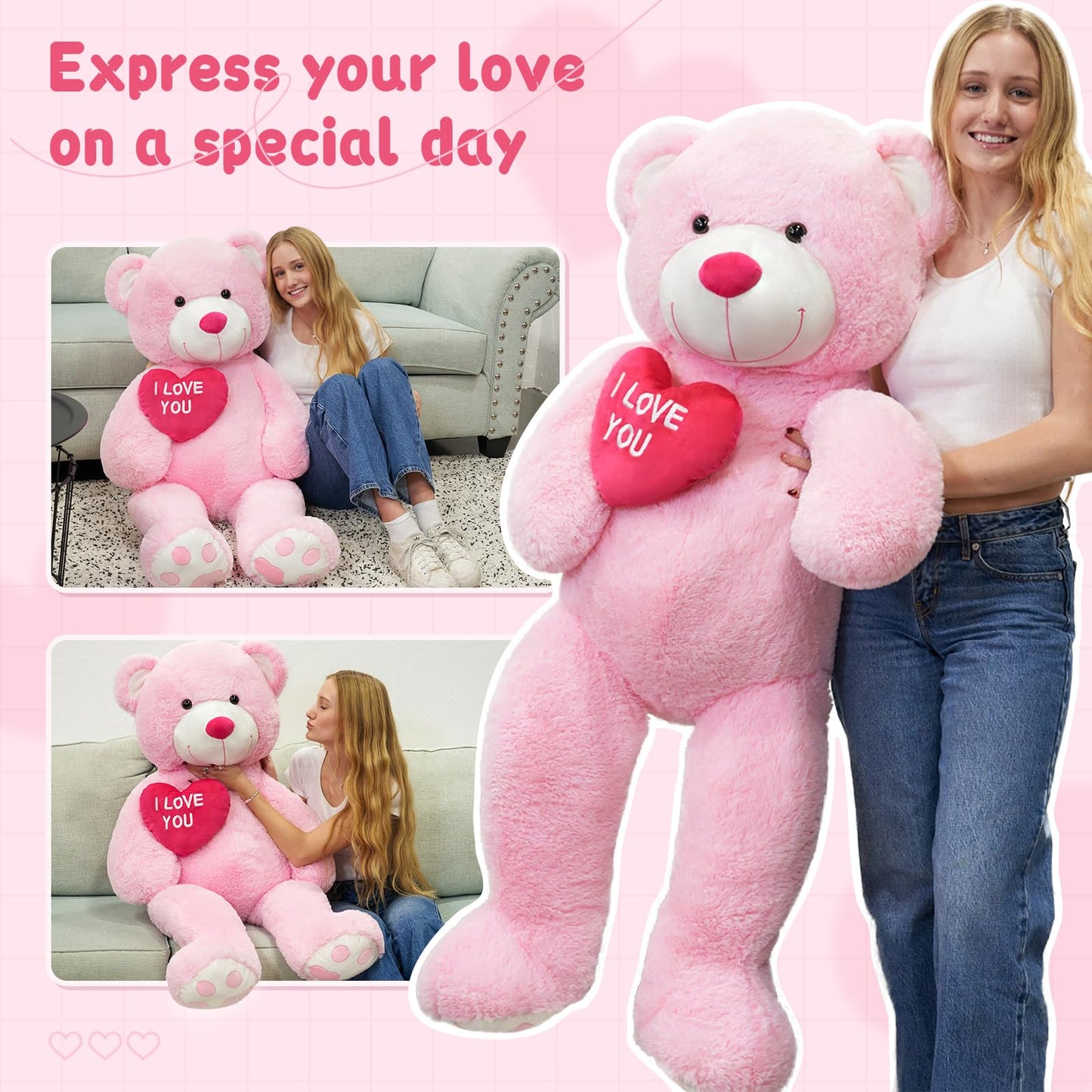 MaoGoLan 4.3ft Pink Teddy Bear Plush Toy with Red Heart - Giant Stuffed Animal Gift for Girlfriend, Boyfriend, Kids