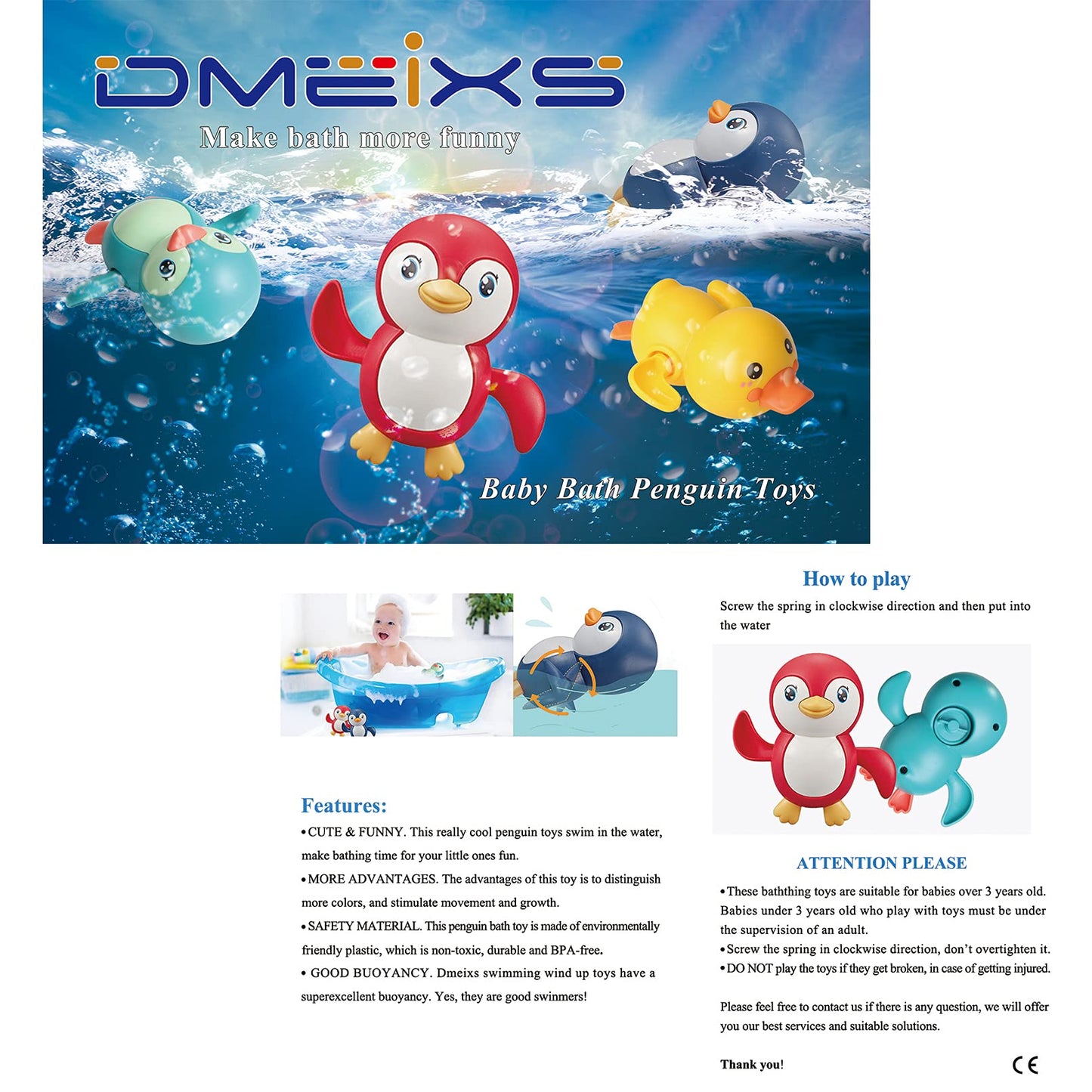 Dmeixs Baby Bath Toys 4 Pack Wind Up Bath Toys For Toddlers 1-3 Year Old Penguin Duck Bathtub Toys For Baby Floating Pool Games Water Toys Swimming Bath Toys For Toddlers Kids Boys Girls 1 Years Old