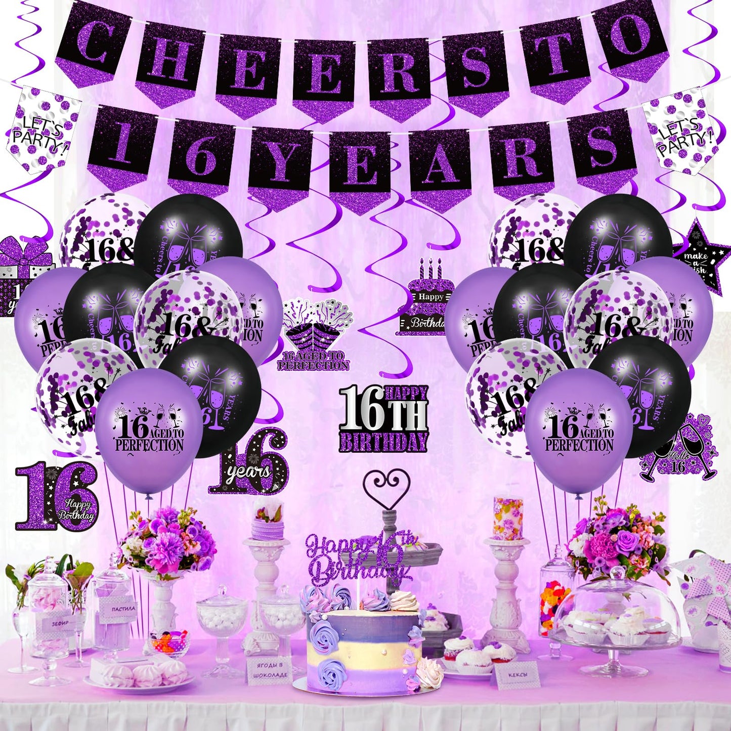 Purple 16Th Birthday Decorations For Girls Boys Purple Black 16Th Birthday Banner Hanging Swirls 16Th Birthday Balloons Happy 16Th Birthday Cake Topper For Purple Cheer To 16 Years Party Supplies