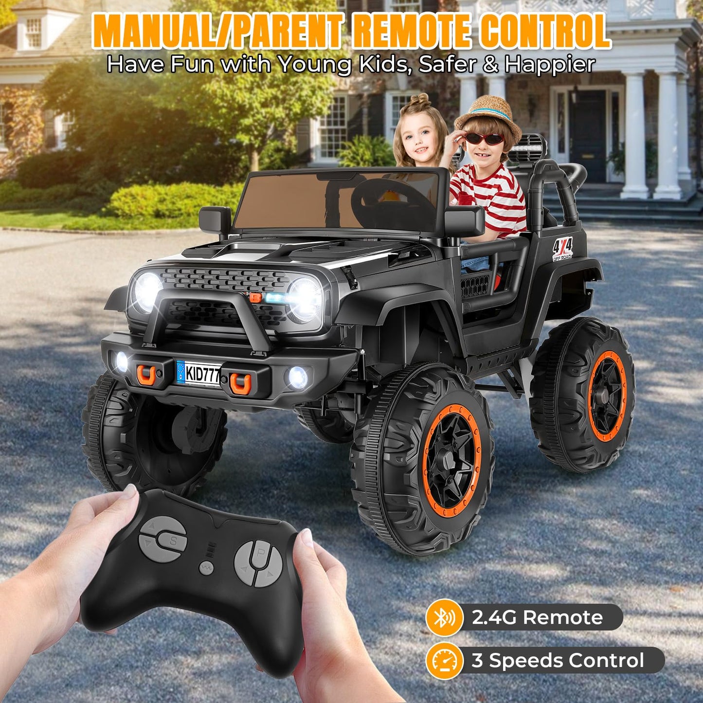 Hikole 2 Seater Ride On Toys Car For Big Kids, 24V Electric Jeep W/20 Large Wide Seat, 2Wd/4Wd Switchable, 4X100W Engines, Music, Suspension, Battery Powerd Cars Vehicles For Kids Boys - Black