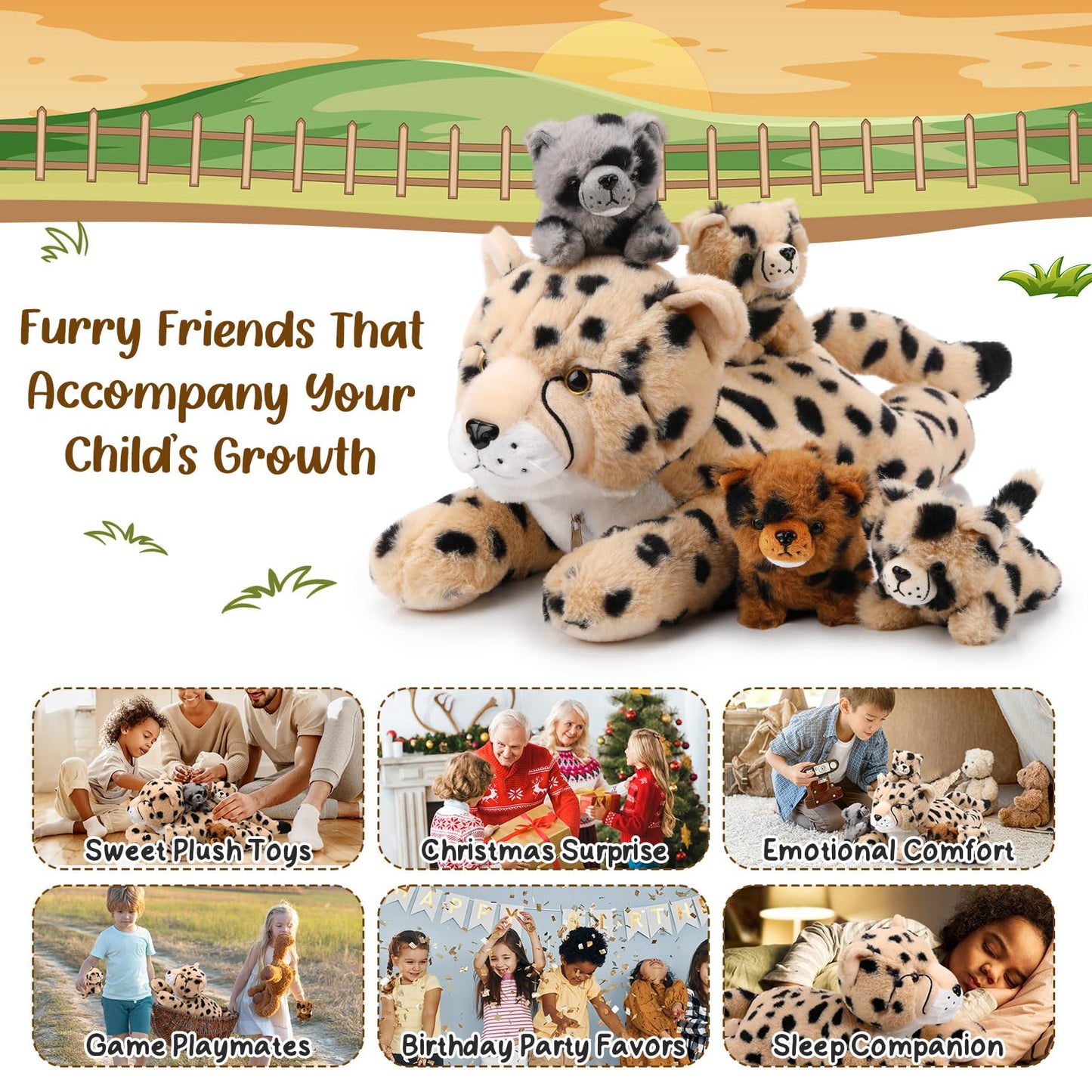 Silipull 5 Pcs Cheetah Stuffed Animals Set Large Mommy Cheetah Plush With 4 Soft Cuddly Baby Cubs In Her Tummy For Boys Girls Bi