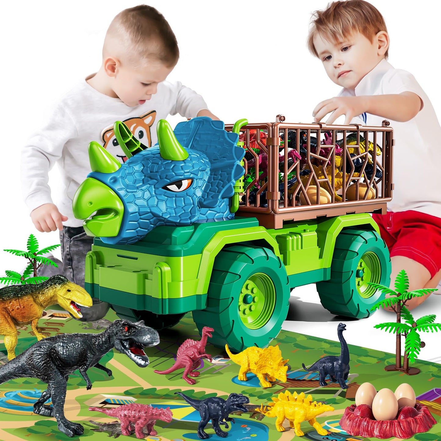 Jukudahu Dinosaur Truck Toy For Kids 3-5 Years - Dinosaur Toys For Kids 3-5 Triceratops Transport Car Carrier Truck Toy 8 Dino F