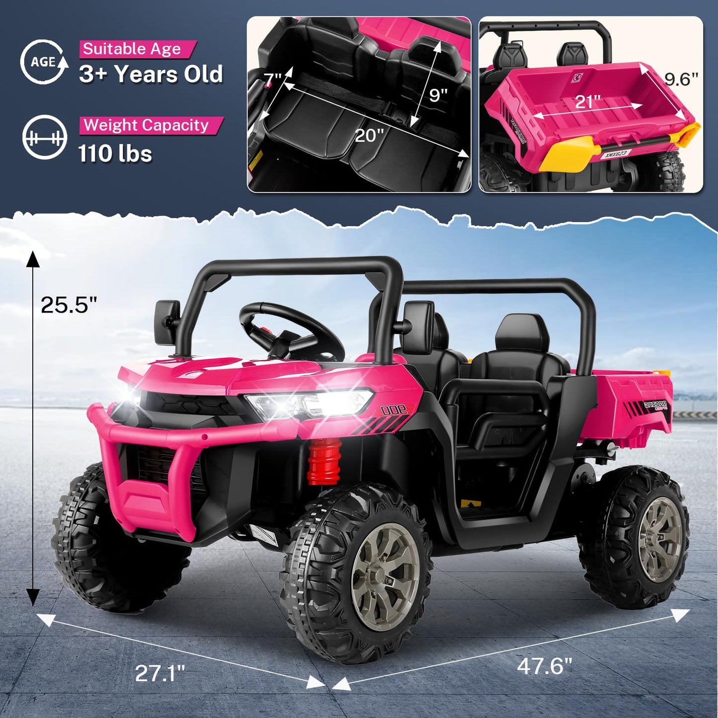 Hikole 24 Volt Ride On Toys For Girls, Two Seater Ride On Utv For Big Kids With Electric Dump Bed, Remote Control, 2X200W Powerful Motors, Spring Suspension, 2Wd Kids Side By Side Dump Truck, Pink