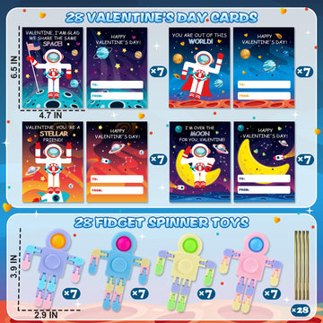 Zirseng Valentines Day Gifts For Kids Classroom - 28Pack Pop Fidget Spinners Astronaut Bulk With Unique Valentines Cards For Cla
