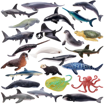 Toymany Mini Ocean Animal Figurines Set - 24 Realistic Plastic Cake Toppers for Kids' Parties, Gifts & School Projects - White