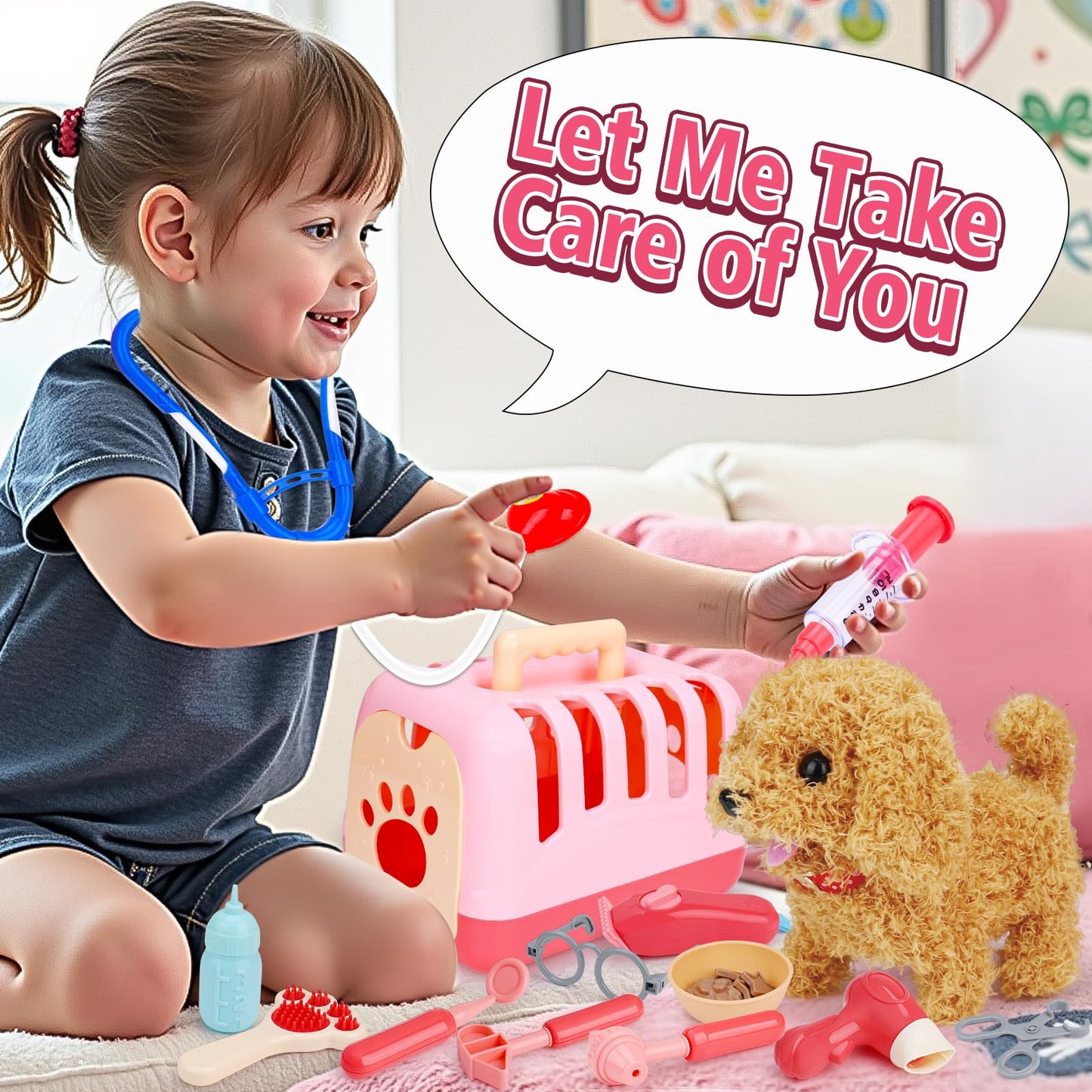 Tsomtto Interactive Dog Toy Walking Barking Veterinarian Playset for Kids Puppy Stuffed Animal with Carrier & Accessories Preten