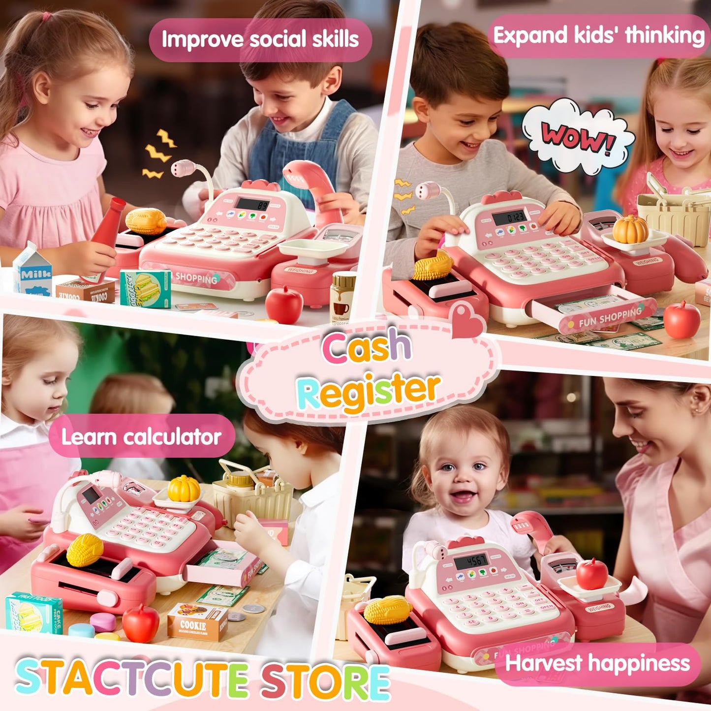 Stactcute 49Pcs Pretend Play Cash Register Toy Set For Kids With Real Calculator,Scanner,Microphone,Conveyor Belt,Weighing Tool,