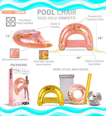 POZA Inflatable Pool Float Chair - Sparkle Confetti Lounge Inflatable Pool Floats 2 Built in Cup Holders & Handles mature-themed Inflatable Pool Lounger Floating Chair for Beach Lake & Pool - 48x38 Inch