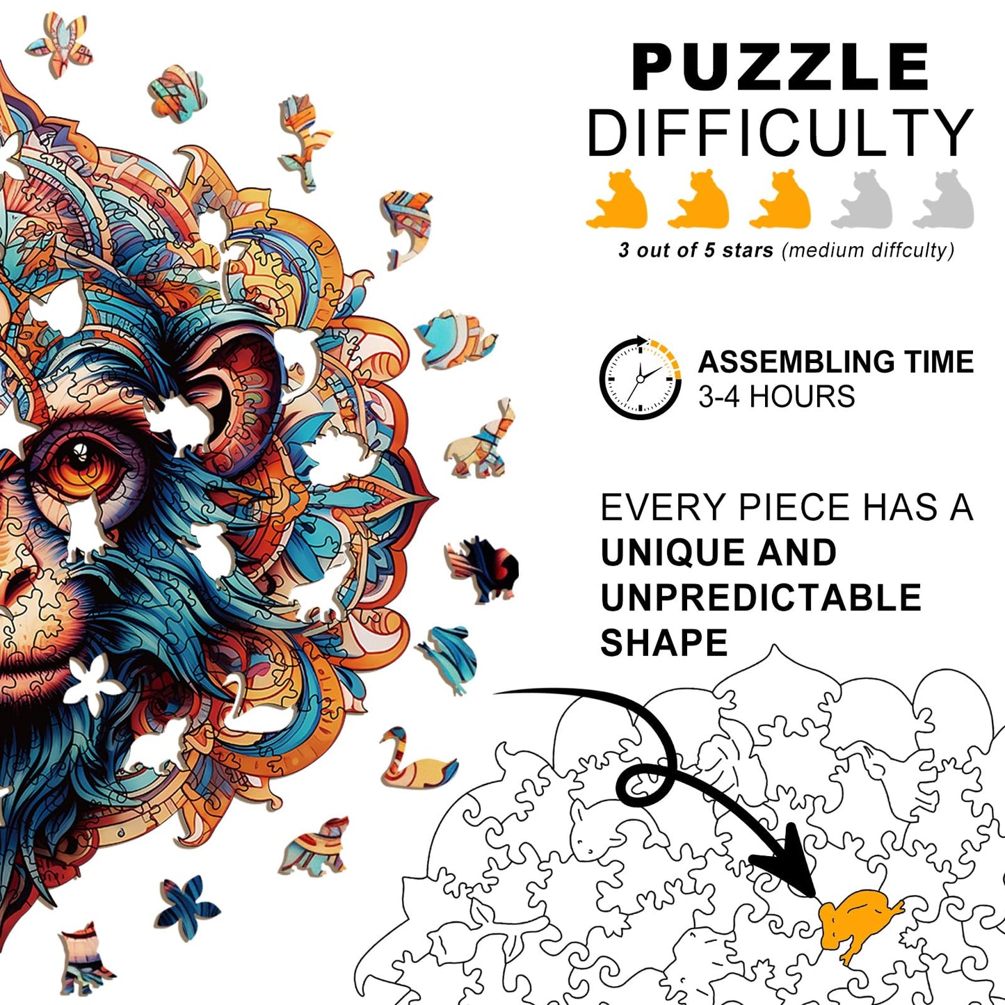 Wooden Puzzles for mature-themeds - 200 Pieces Monkey Unique Shaped Wooden Jigsaw Puzzles for mature-themeds Medium Size 10'' x 10.5'' mature-themed Wood Puzzles for Family Friend Game
