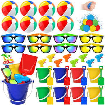 Pool Party Favors Beach Party Favors - 48 Pcs Pool Toys For Kids Ages 3 4 5 6 7 8 Beach Balls Bulk, Sand Bucket And Shovels Set, Kids Sunglasses Bulk, Beach Summer Toys, Pool Party Supplies Sand Toys