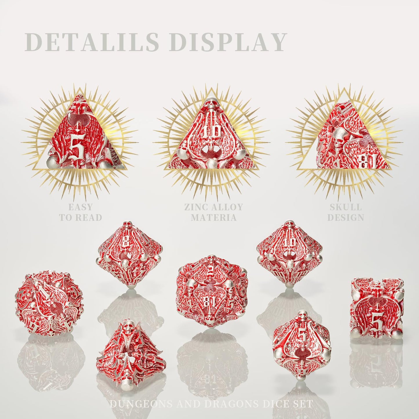 HNCCESG Matt Red White DND Metal Dice 7 PCS Skull Hollow D&D Dice Set for Dungeons and Dragon Gifts of Tabletop Game (Matte Red