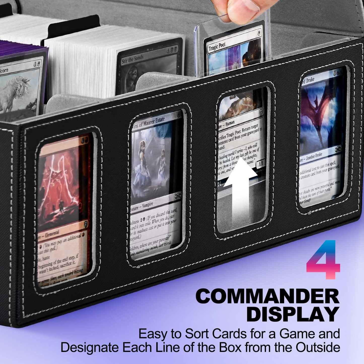 Uaono Trading Card Storage Box With Commander Display; 2400+ Deck Box For Mtg With Removable Cover; Toploader Card Case Fits Magic Tcg Ptcg Sports Cards; 24 Dividers, 4 Stoppers (Black, Grey)