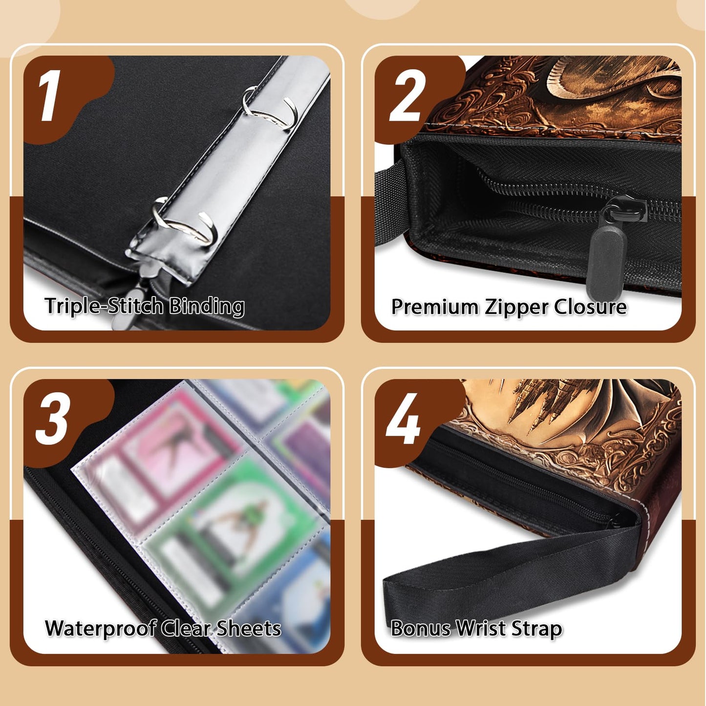 Wazzio 900 Pocket Trading Card Storage Album Card Binder with 50 Durable 9-Pocket Pages Birthday Gifts for Fathers Day Retro Dragon Design on Pocket Card Packs Gifts for Zipper Closure Collector