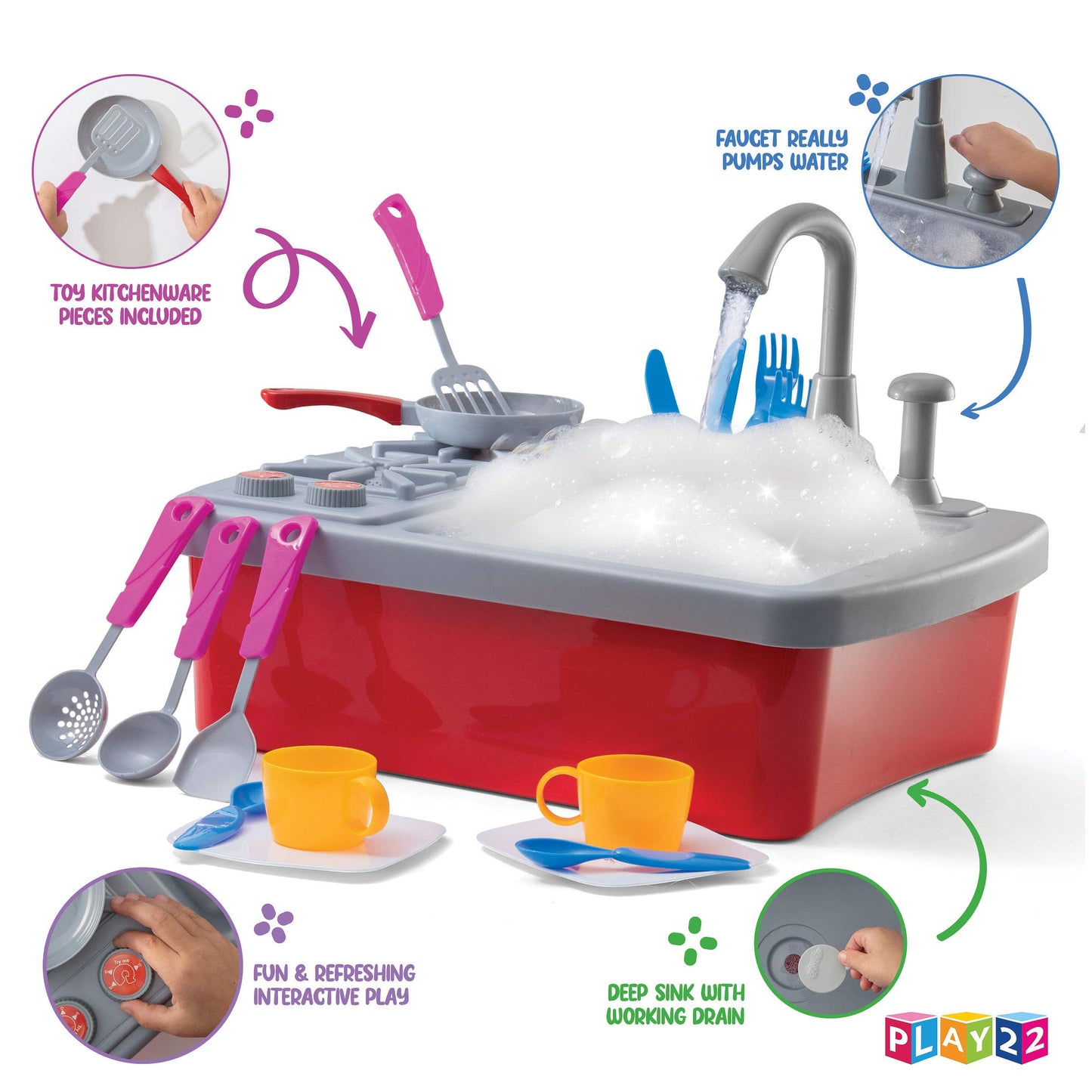 Play22 17 Pc Kids Play Sink with Running Water - Kitchen Sink Toy - Toddler Sink Toy with Real Faucet & Drain, Dishes, Utensils
