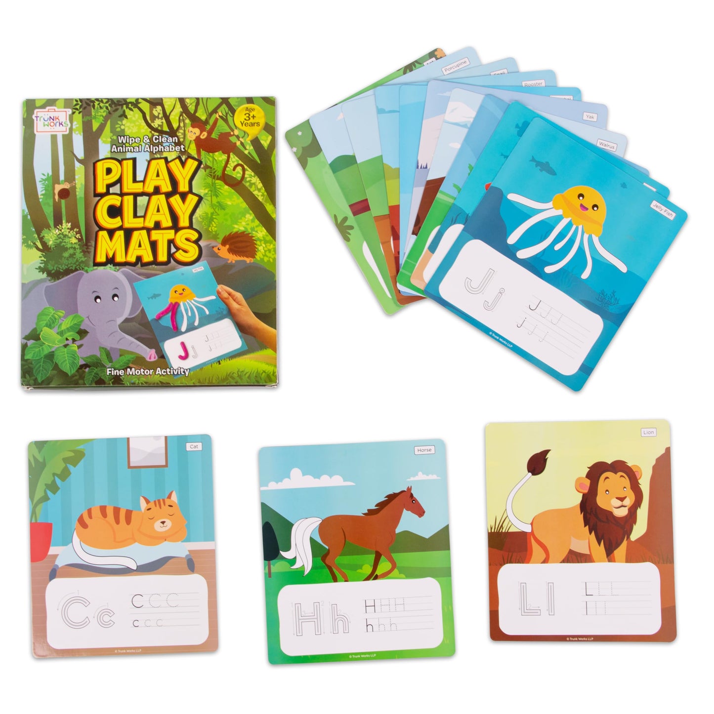 Trunk Works Animal Alphabet Playclay Mats | 13 Play Mats For Clay Or Playdoh Or Dough Or Dry Erase Markers For Ages 3+| Develops