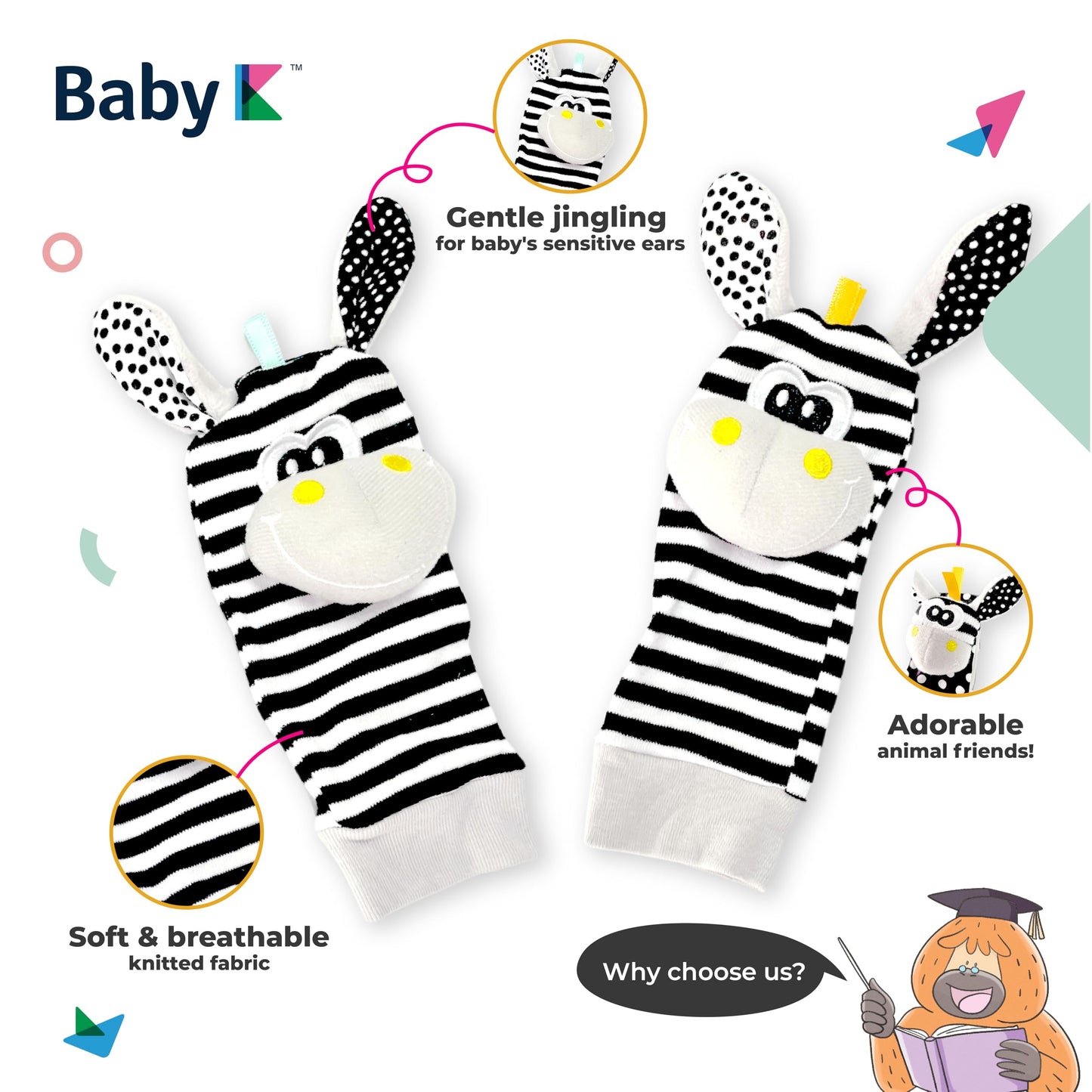 Baby K Foot Finder Socks & Wrist Rattles (Set J) - Newborn Toys For Baby Boy Or Girl - Brain Development Infant Toys - Hand And Foot Rattles Suitable For 0-3, 3-6, 6-12 Months Babies