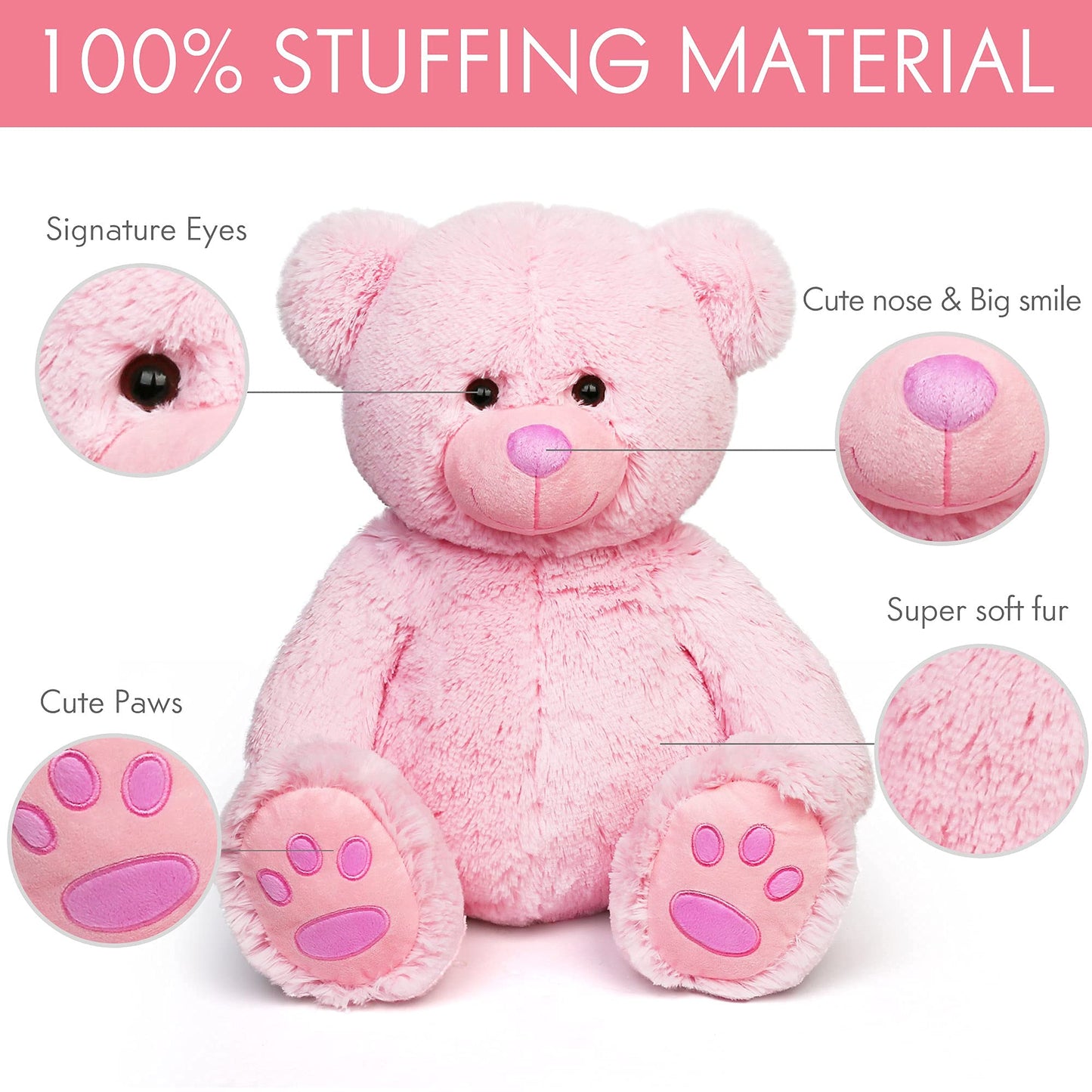 Lotfancy Teddy Bear Stuffed Animals, 20 Inch Pink Stuffed Bear, Cute Plush Toy With Footprints, Plushies For Kids Baby Toddlers