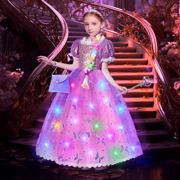 Svmk 10Pcs Girls Princess Rapunzel Dress Costume Light Up Kids Toddler Princess Dress Up Clothes Accessories Led Wig Bag Wand Cr