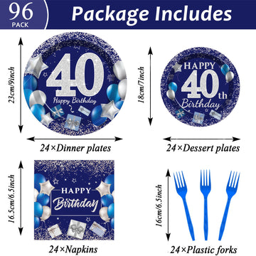 96 Pcs 40Th Birthday Party Supplies Navy Blue And Silver Birthday Plates 40Th Birthday Paper Tableware Happy Birthday Party Plat