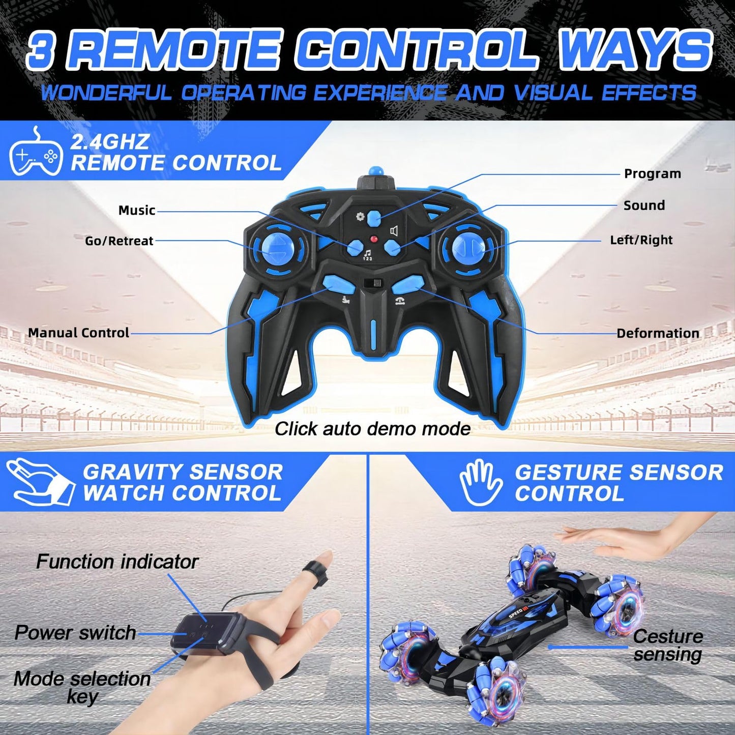 YEMIAI 1:10 Gesture Sensing RC Stunt Car with Lights Music, Hand Controlled RC Car Toys for Age 6-13, Hand Control Drift Remote