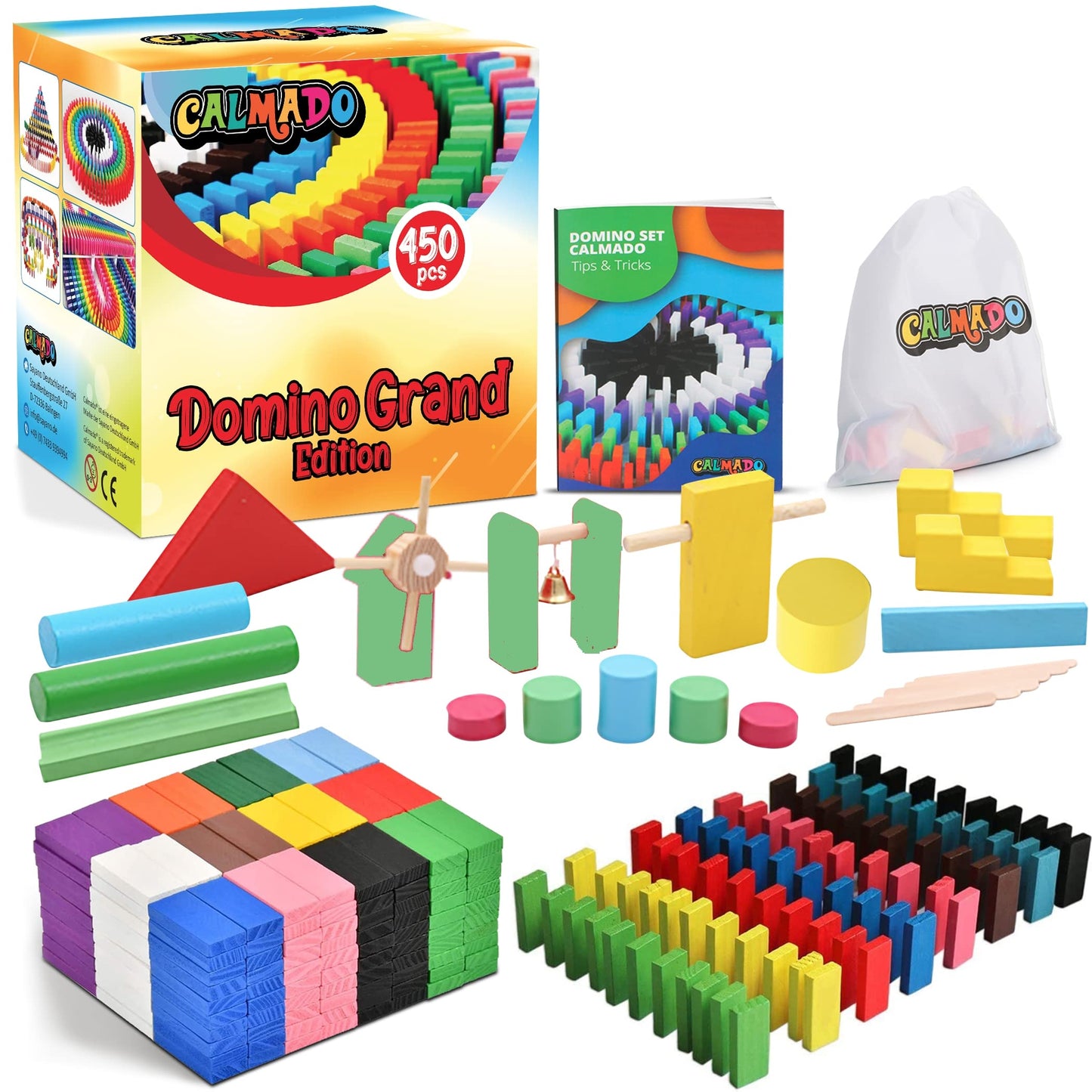 Calmado – 450 Pcs Wooden Dominos For Kids - Domino Toys For Outdoor Or Indoor Game, Dominos For Kids Ages 4-8, Stacking Dominos For Kids 8-12 -Including Bag, Instruction Manual & Accessories
