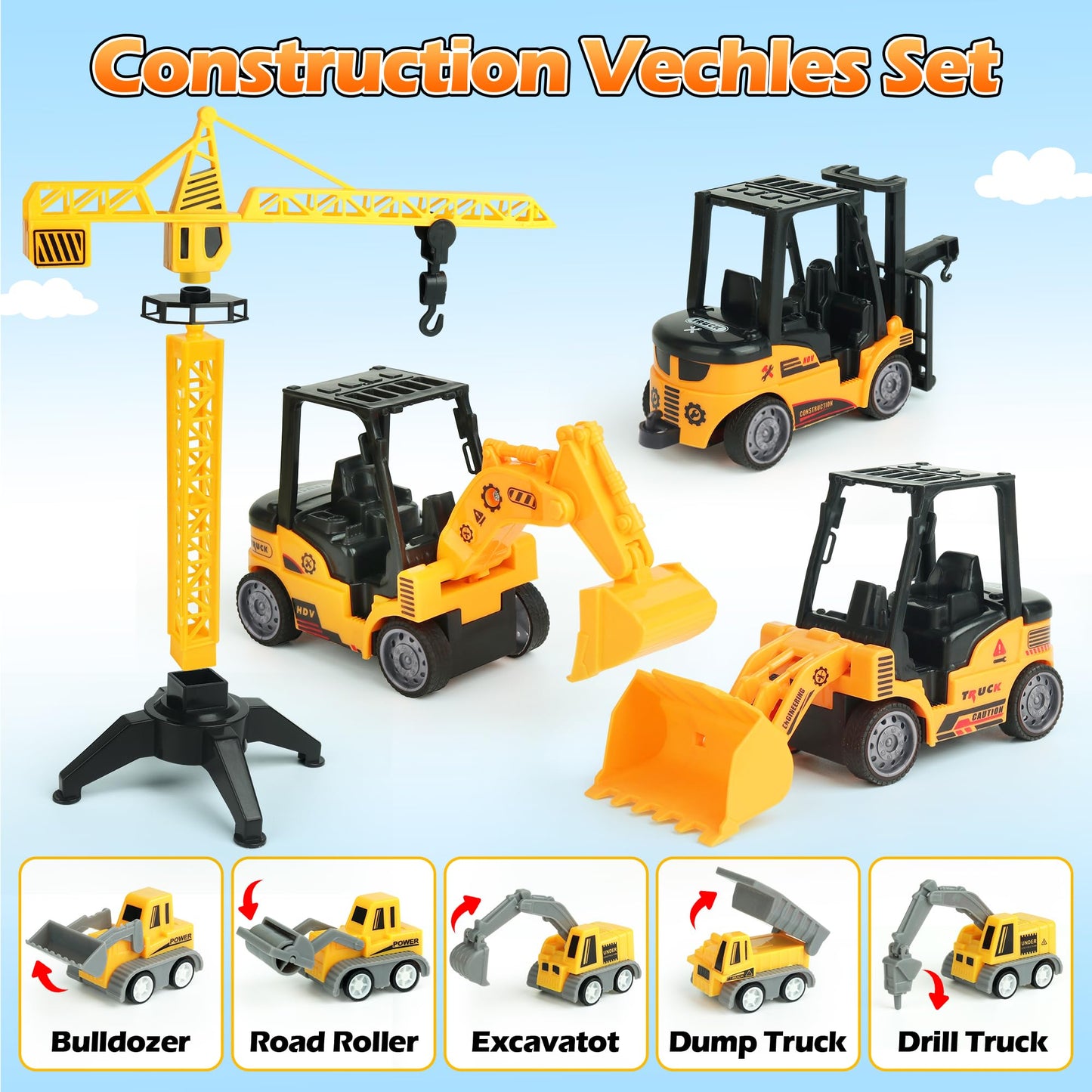Sand Construction Site Kit - 37 Pcs Play Sand Art Kit With 8 Construction Trucks, Folding Sandbox, 2.2 Lbs Magic Sand, Crane, Wo