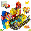 Magnetic Tiles Road Set with Fire Trucks & 2 Dolls Double-Sided Magnet Tiles with 2 Cranes Toys for Boys Ages 3-5 5-7 STEM Learning Construction Toys Include Car Stations Signs Gifts for Kids 3+