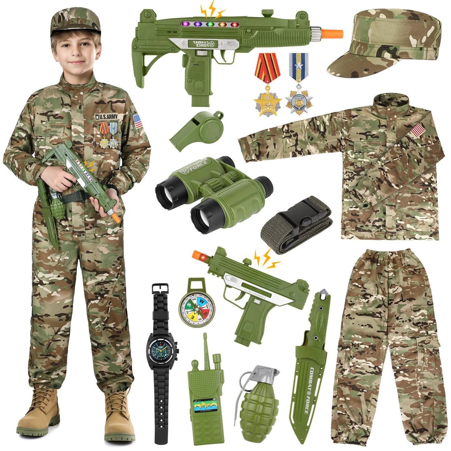 Giftinbox Army Costume For Kids, 15Pcs Soldier Military Costume Dress Up Role Play Set With Army Accessories, Halloween Costumes