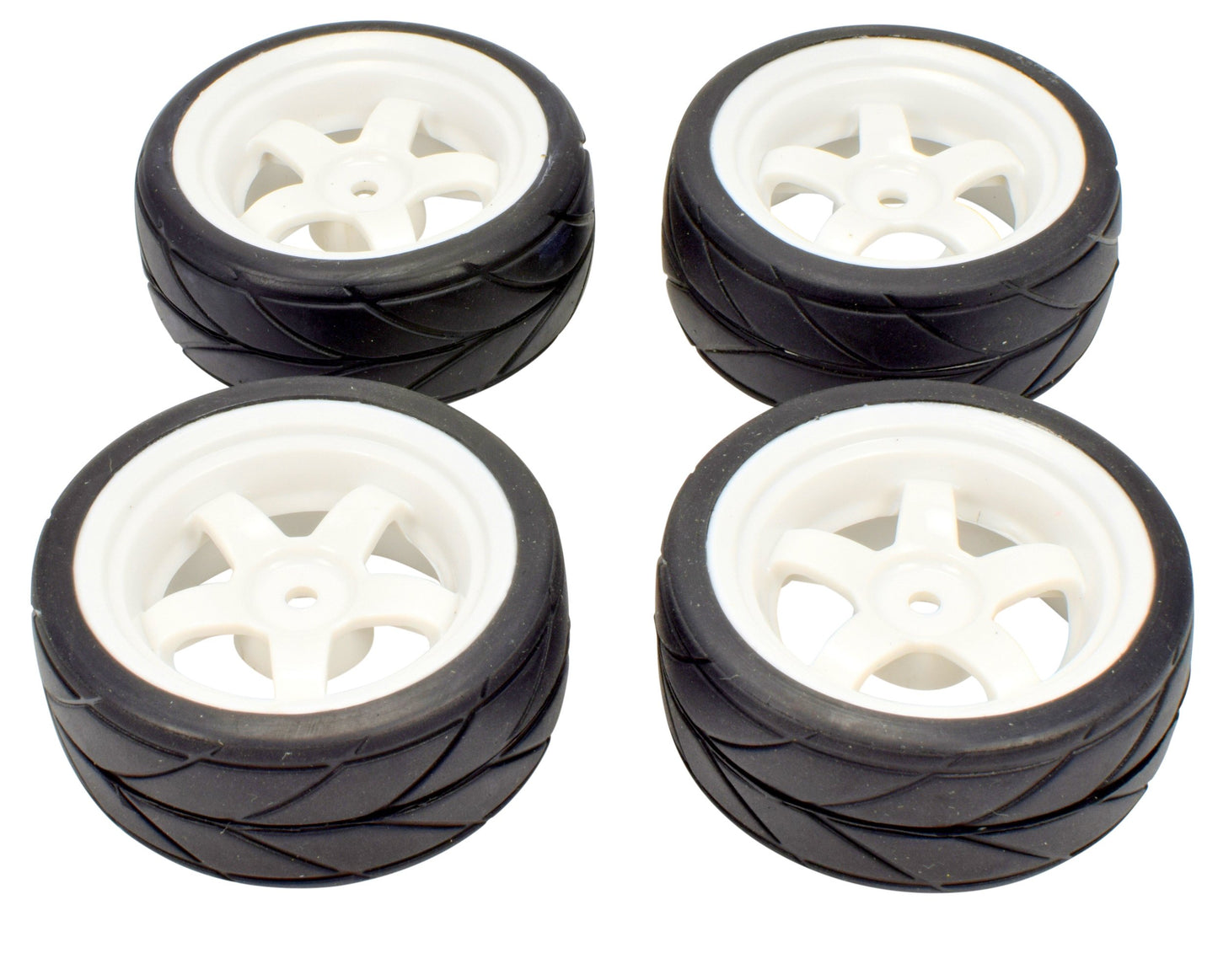Apex RC Products 1/10 On-Road 12mm White 5 Spoke Wheels V Tread Rubber Tires (Set of 4) #5015