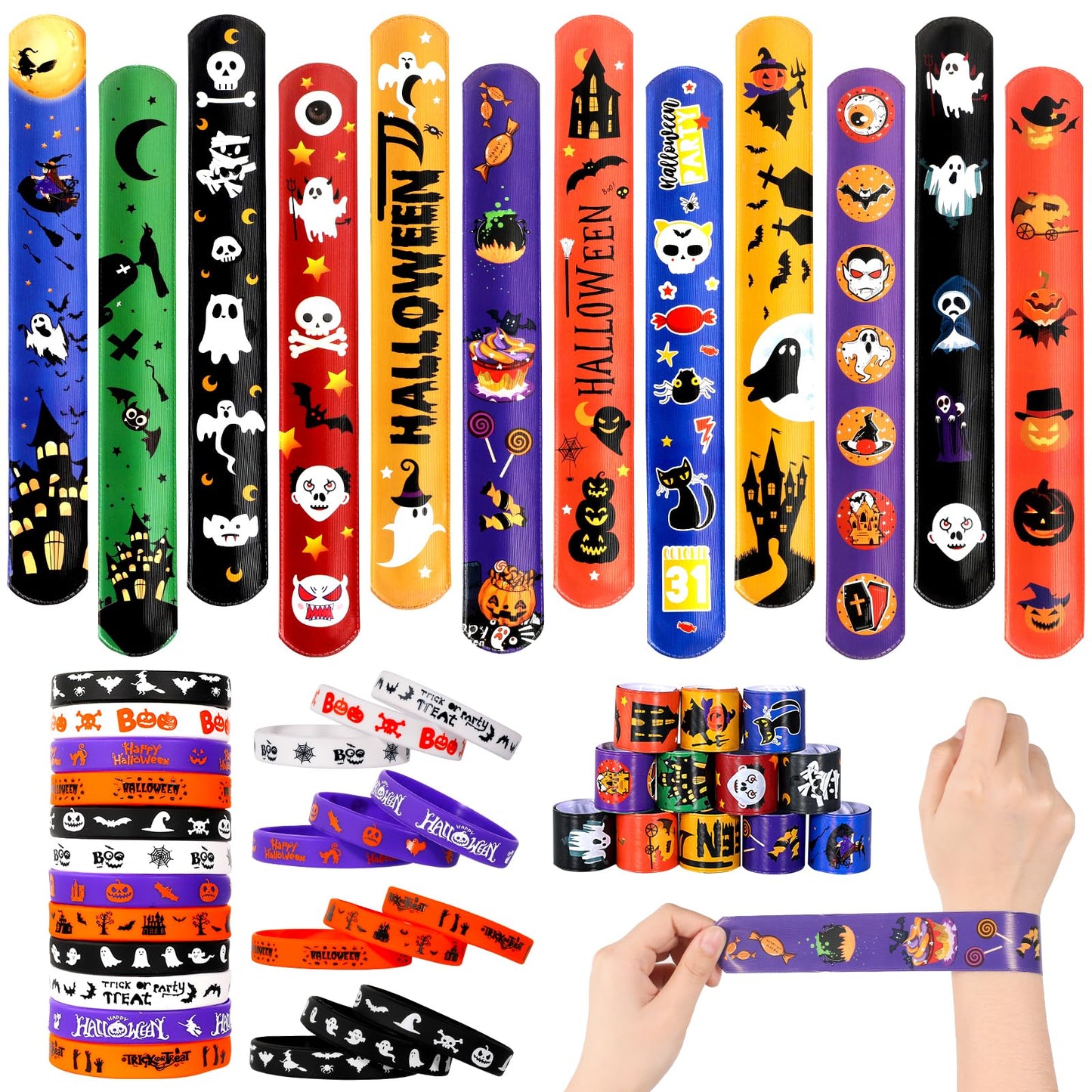 Garma 48Pcs Halloween Slap Bracelets Rubber Wristbands For Halloween Party Favors, Kids Girls Boys Toddlers Halloween Gifts