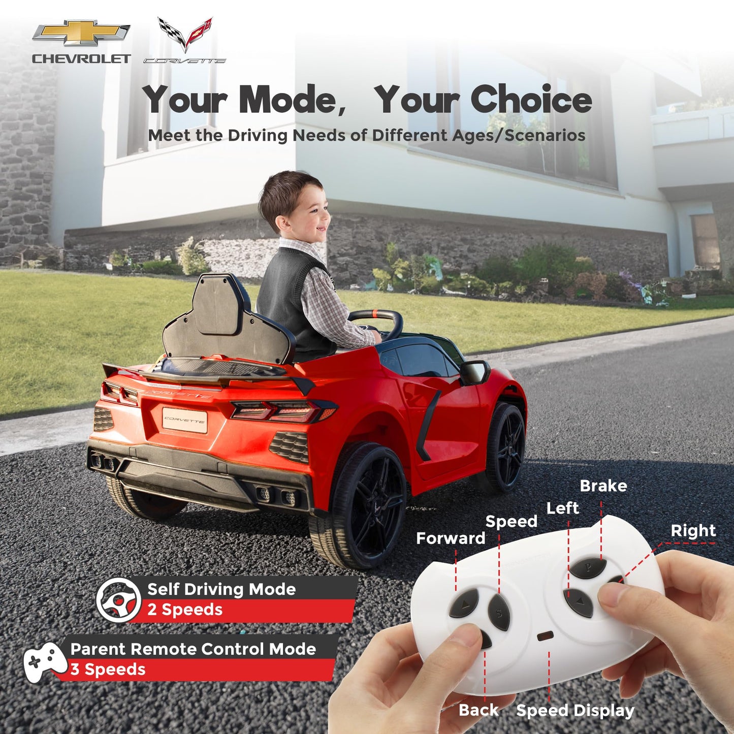 Funtok Licensed Chevrolet Corvette C8 12V Ride On Car, Electric Car W/Remote Control, Led Lights, Shiny Dashboard, 3 Speeds Mode, Soft Start, Bluetooth Speaker, Battery Powered Cars For Kids To Drive