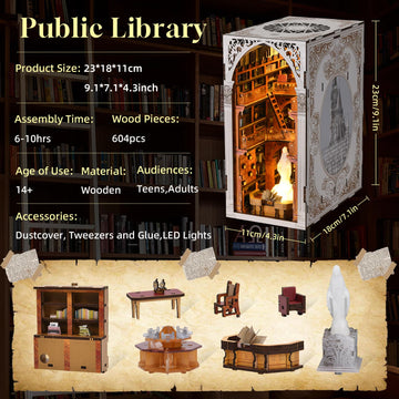 Minicity Book Nook Kit, Diy Miniature Dollhouse Booknook Kit With Led Light And Dust Cover (Public Library)