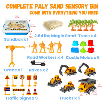 BlingCnsy Construction Sensory Bin with Lid, Play Sand Kit for Boys with 2.2lbs Magic Sand & 5 Construction Trucks, Sensory Cons