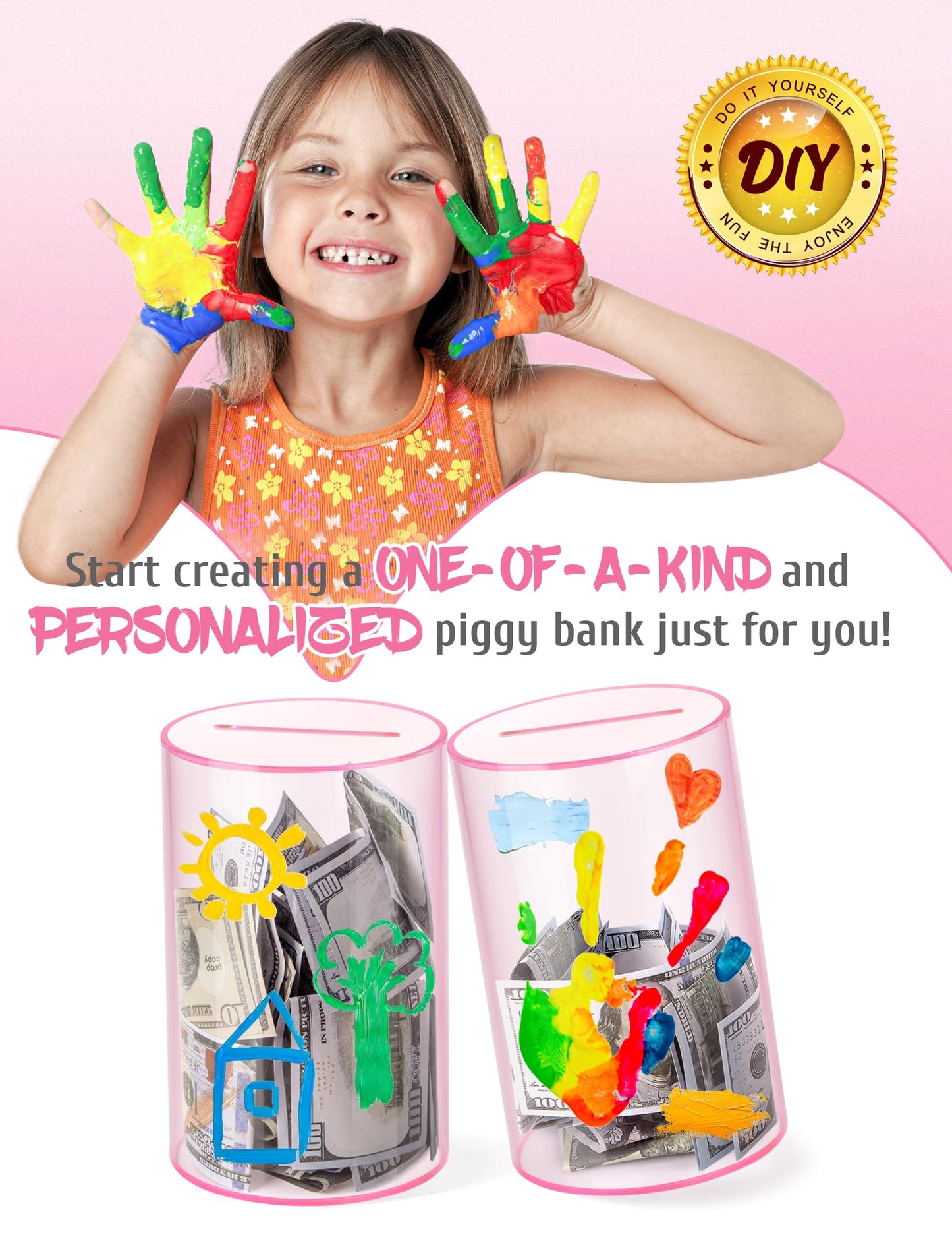 Clear Acrylic Piggy Bank For Adults Kids, Clear Money Saving Jar Must Break To Open, Unopenable Piggy Bank For Cash Coins (Pink,