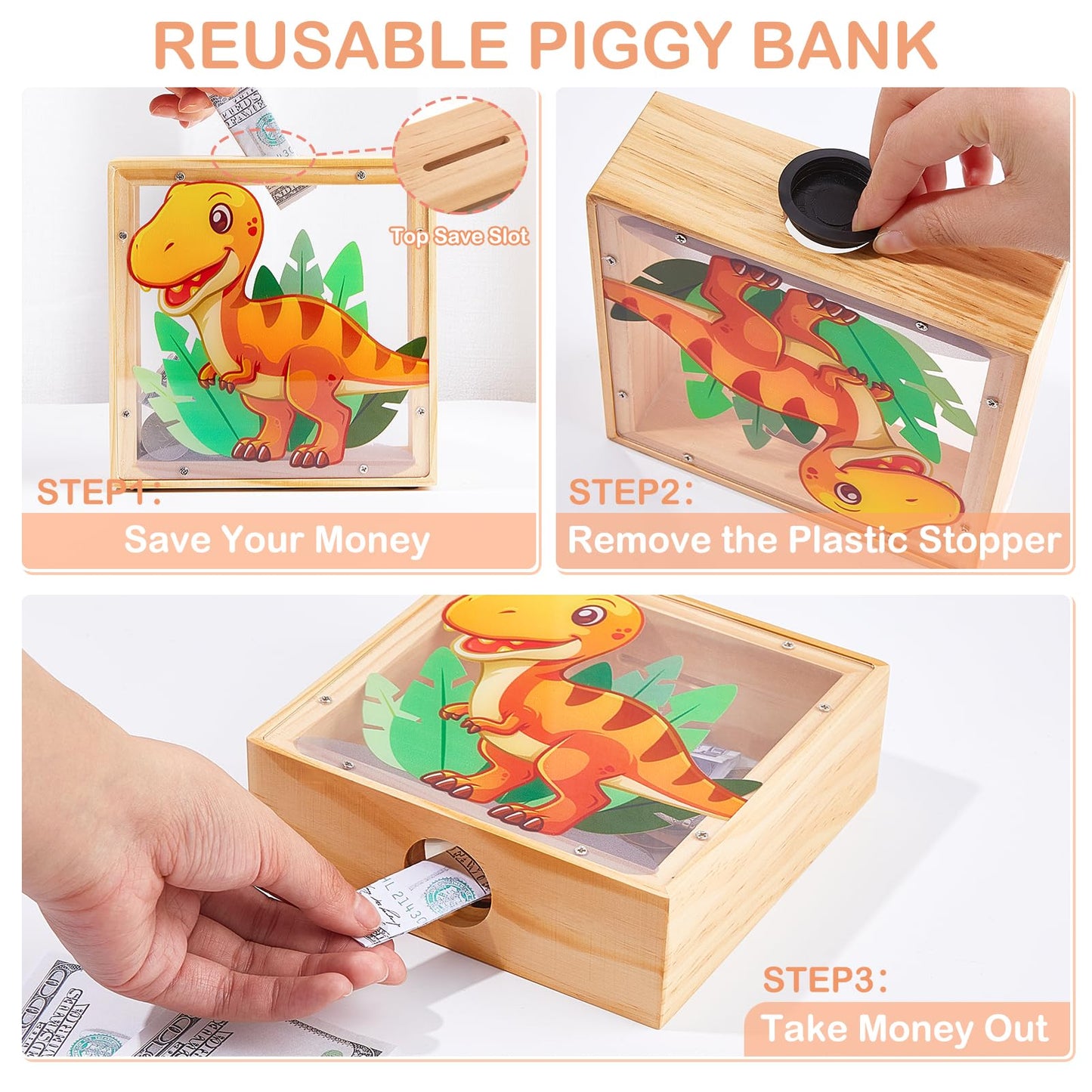 Piggy Bank For Kids, Wooden Money Coin Bank For Boys And Girls, Dinosaur Unicorn Piggy Banks With Diy Stickers For Birthday, Easter Gifts (Orange)
