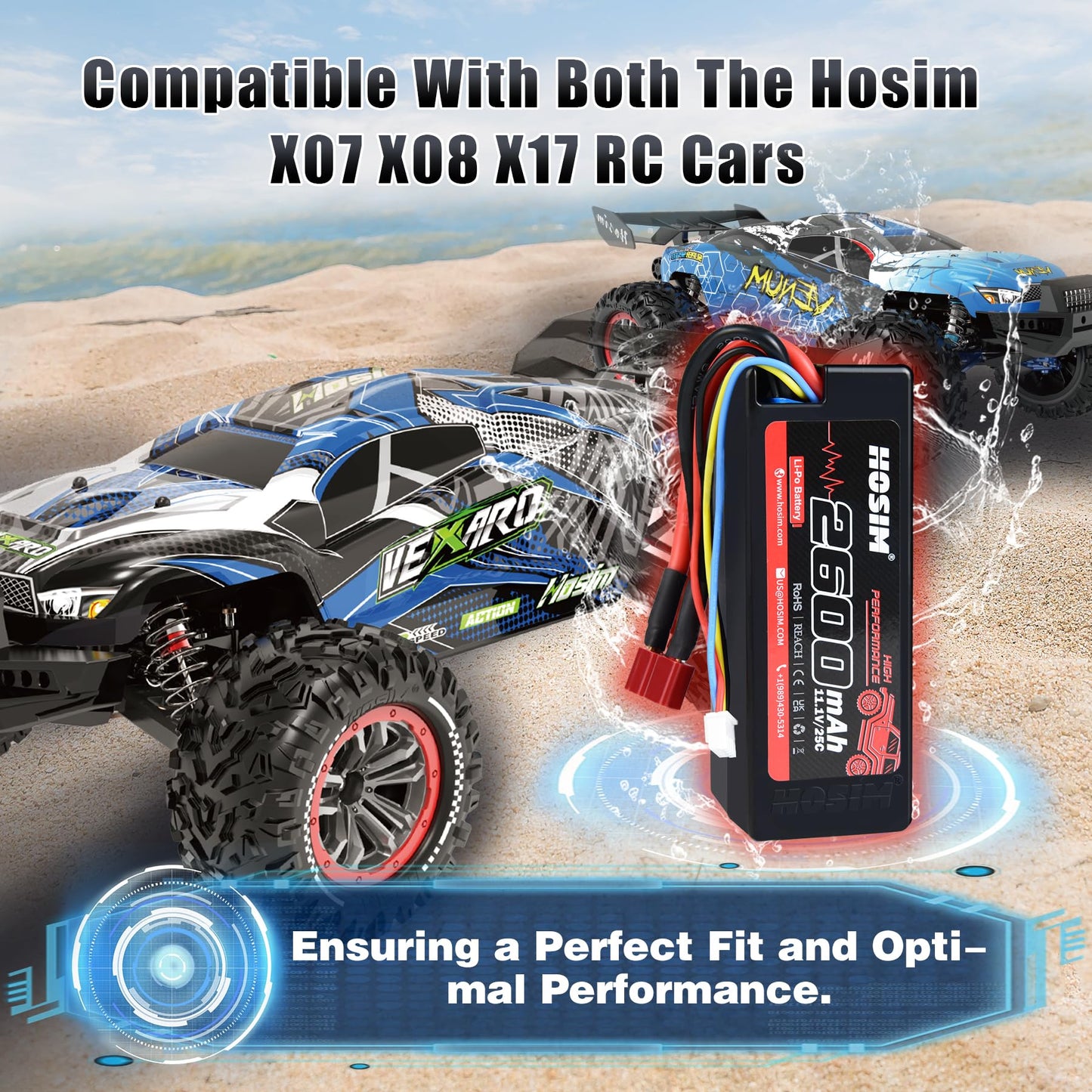 Hosim 2PCS 11.1V 25C 2600mAh Li-po Battery with 1 USB Chargers & 1 Battery Strap for Brushless RC Car Truck RC Vehicles Boat Bat