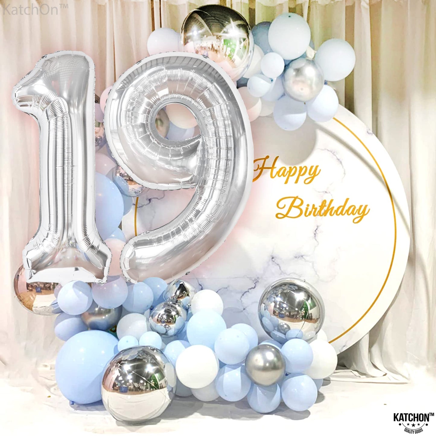 Katchon, Giant 19 Birthday Balloons Silver - 40 Inch | 19 Balloons For 19Th Birthday Decorations | Silver 19 Balloon Number | 19Th Birthday Balloons For 19 Year Old Birthday Party Decorations