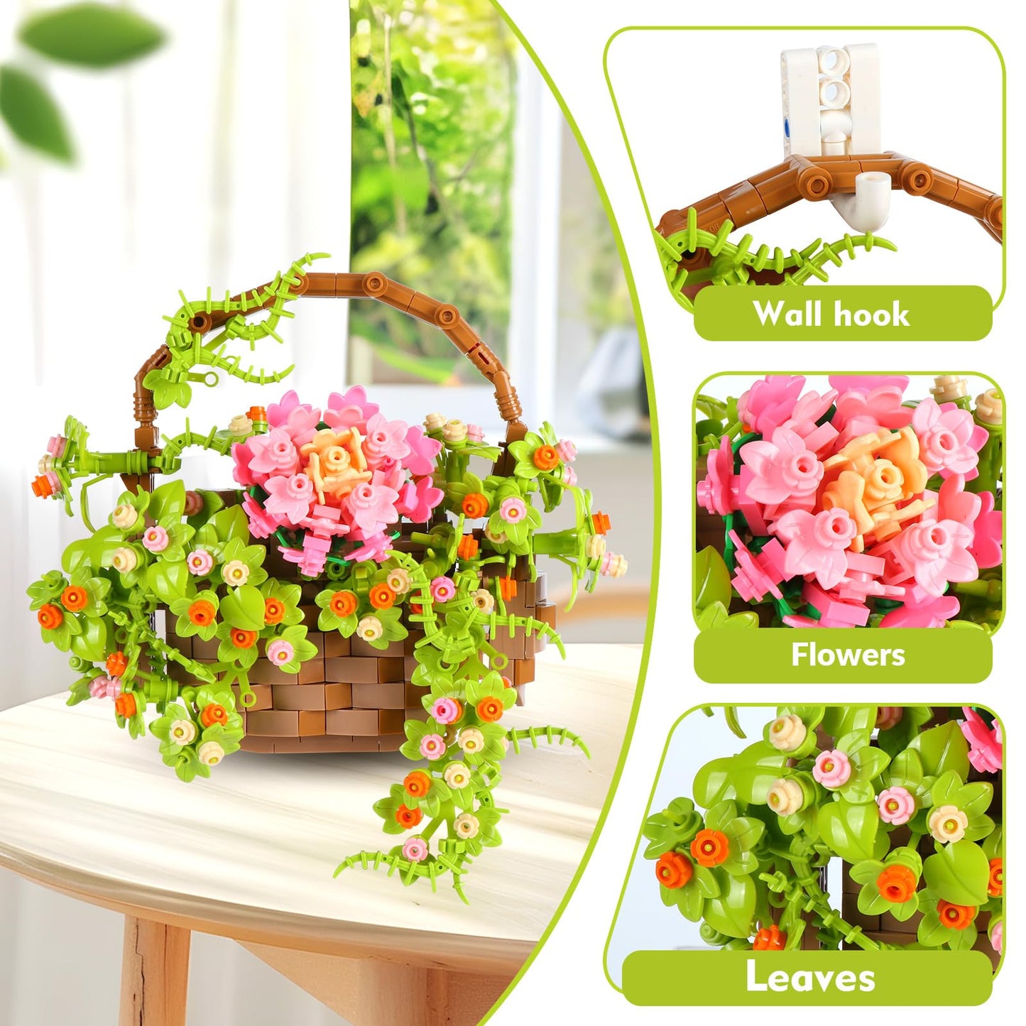 ZQJKLE Flower Basket Building Set with LED String Light Flower Bouquet Building Blocks Wall Decor for Boys Girls Age 3+ Teen mature-themed Gift for Mother's Day Christmas etc.