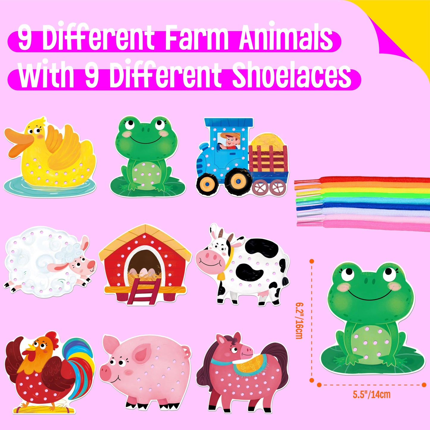 9 Pcs Farm Theme Lacing Cards, 9 Double Sided Sewing Cards With 9 Colorful Laces, Imagination Development Lacing Toys Educational And Learning Activity For Preschoolers, Kids