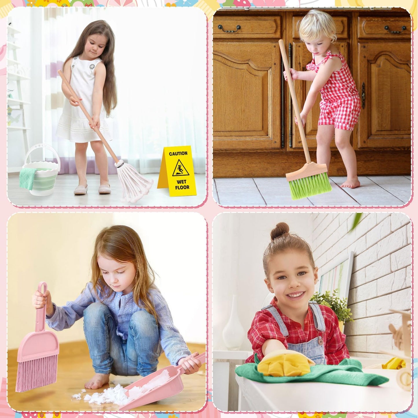 Lonico Wooden Kids Cleaning Toy Set For Toddlers Mop Broom And Dustpan Set, 12 Pcs Detachable Housekeeping Playset With Bucket D
