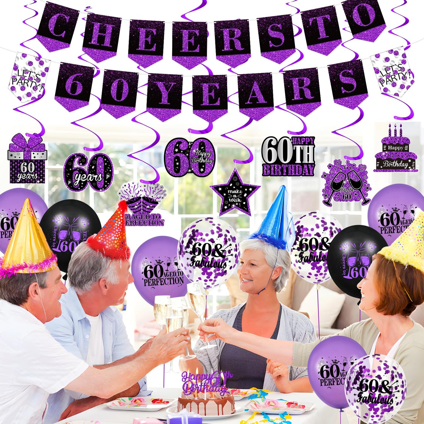Purple 60Th Birthday Decorations For Women Men Purple Black 60Th Birthday Banner Hanging Swirls 60Th Birthday Balloons Happy 60Th Birthday Cake Topper For Purple Cheer To 60 Years Party Supplies