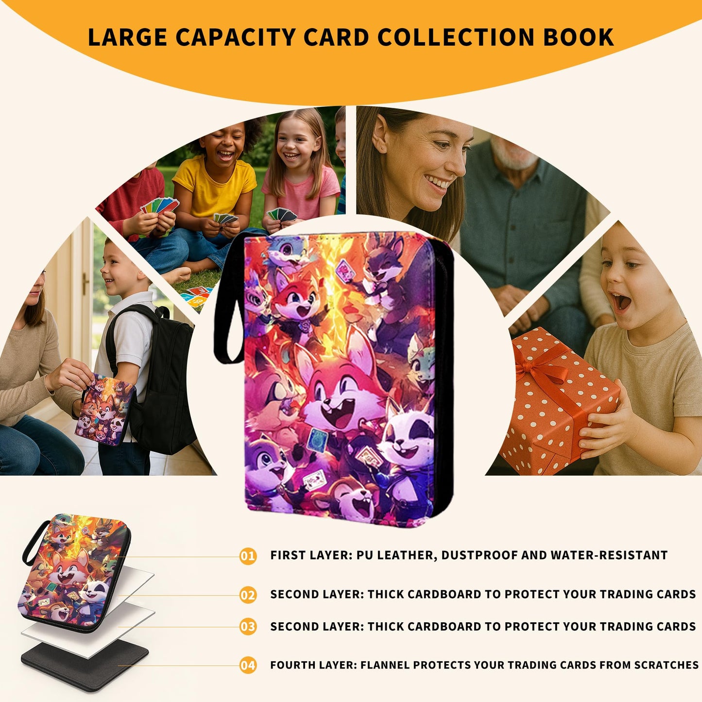 504 double-sided loose leaf Collector Album 4 Pocket Card Binder Advanced Zipper Card Binding Device TCG sports trading card binder(Cartoon style) (4-color-504)