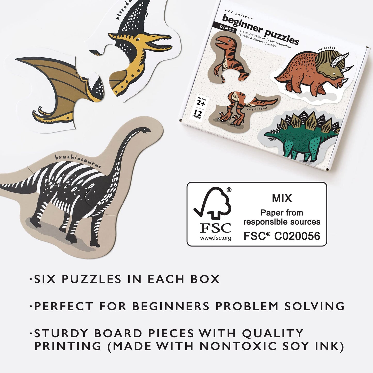 Wee Gallery Dinos Beginner Puzzle - Jigsaw Puzzles For Toddlers - Sensory Toys Promoting Cognitive & Motor Development - Sustainable Learning Toys For Toddler, Kids (12 Pieces, 6 Puzzles)