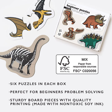 Wee Gallery Dinos Beginner Puzzle - Jigsaw Puzzles For Toddlers - Sensory Toys Promoting Cognitive & Motor Development - Sustainable Learning Toys For Toddler, Kids (12 Pieces, 6 Puzzles)