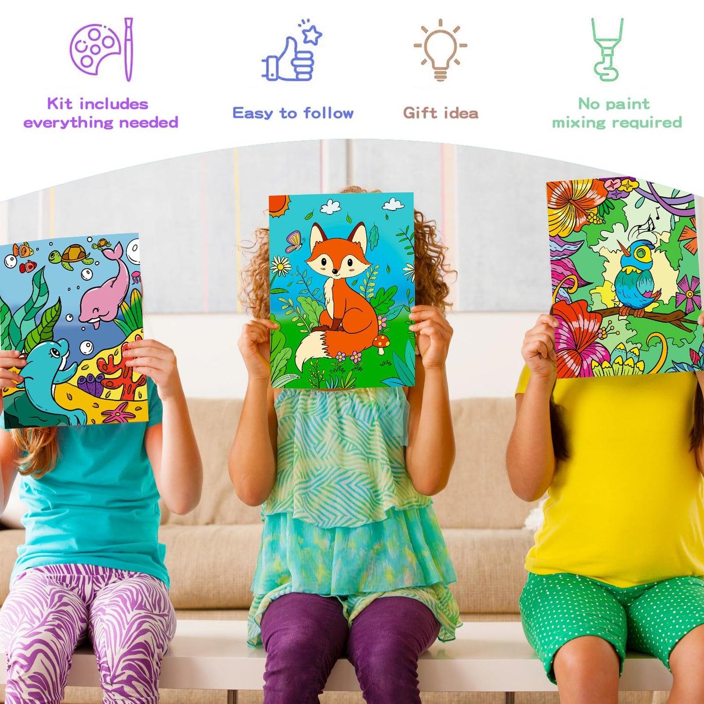 Volmop 3 Pack Paint By Numbers For Kids Ages 8-12,10 * 8'' Color By Number For Kids Framed Canvas With 17 Acrylic Paints And 6 B