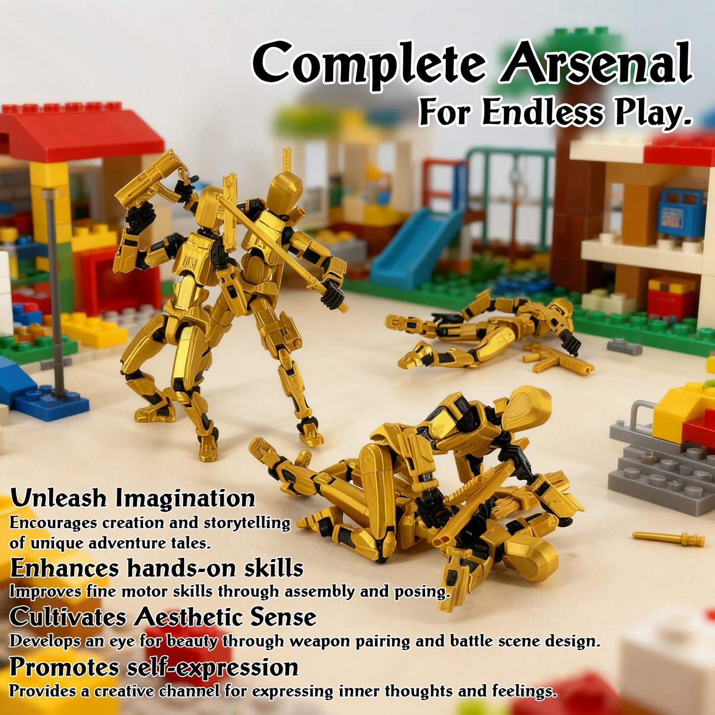 ?Assembled? T13 Action Figure Set Giant decorative replica blade Titan 13 Robot Action Figure 3D Printed robo 13 Action Fidget Toys Dummy Figure Articulated T13 for Collectors Desktop Decorations (Golden-Black)